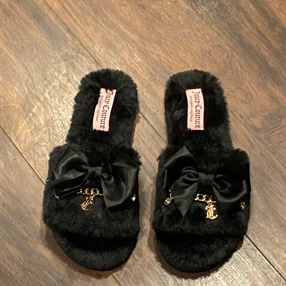 Juicy Couture Black Furry Slippers with Bow